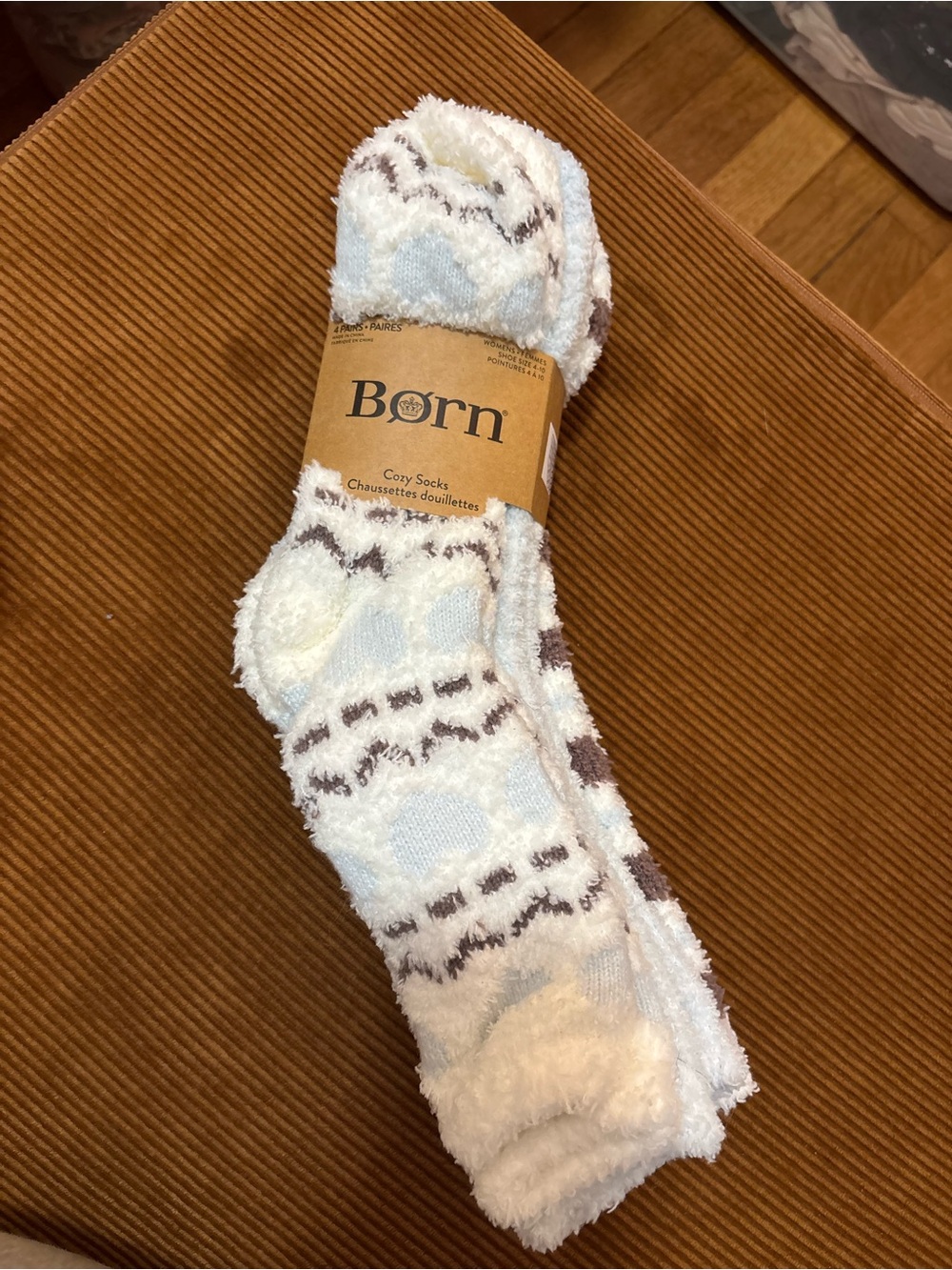 Born Plush Crew Socks in White, Light Blue & Brown Pattern